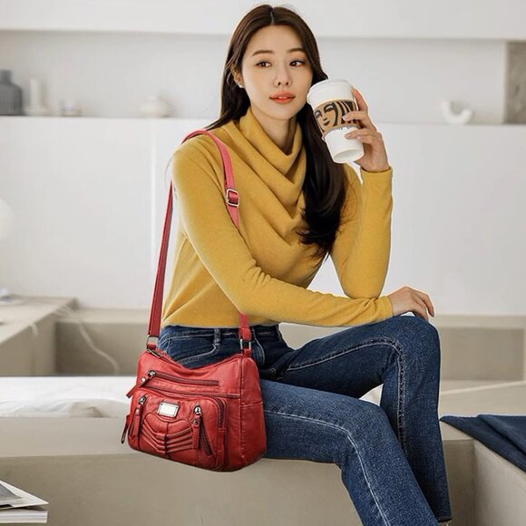 Women's Red Soft Pu Leather Multi-pocket Shoulder Bag Medium Cross-body Purse - Picture 7 of 7